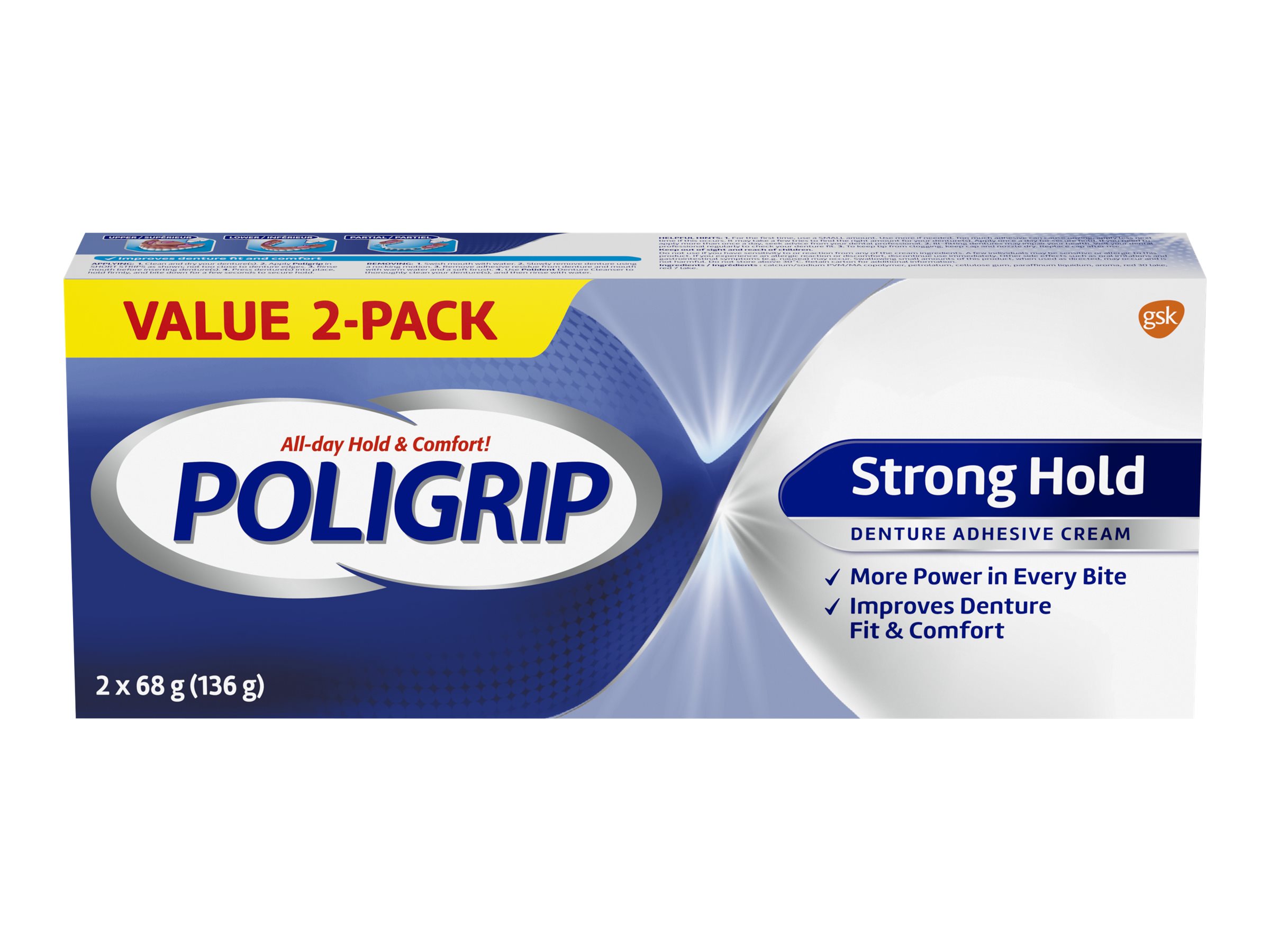 POLIGRIP Strong Hold Denture Adhesive 2 x 68g