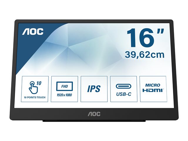 AOC 16T2 39,62cm 15,6Zoll 1920x1080 IPS Flat Fixed pivot Battery powered touch USB-C display for mobile and flexible use