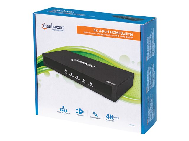 MANHATTAN 4K 4-Port HDMI-Splitter schwarz 4K60Hz schwarz Stromversorgung ueber Netzteil